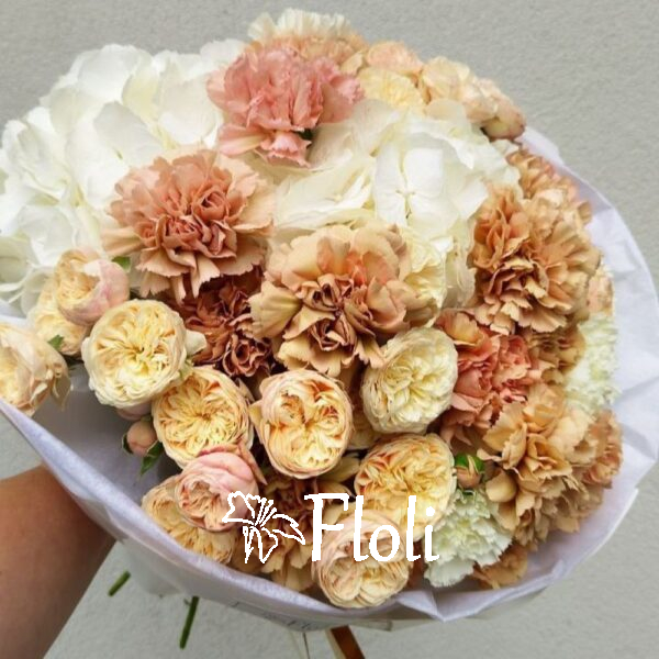 Bukiet hortensji, róż i goździków, kwiaty na urodziny, bukiet na imieniny